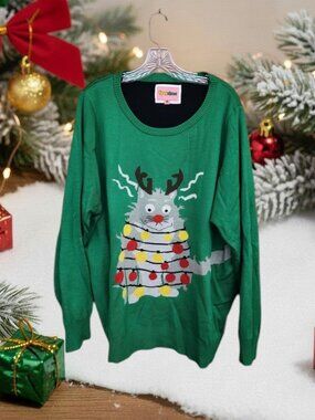 Tipsy Elves Green Novelty Cat Sweater with Holiday Lights